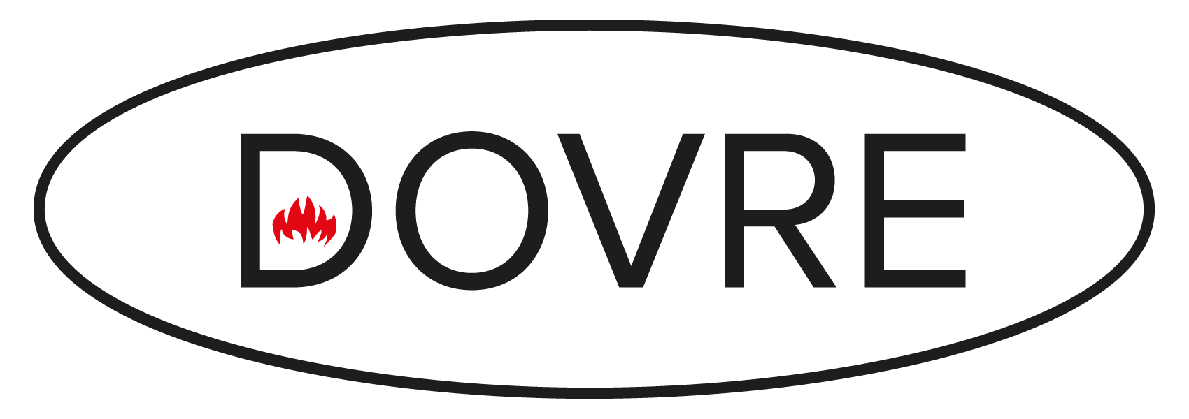 Dovre logo svart – offisiell svart Dovre logo med flammesymbol i oval ramme på gjennomsiktig bakgrunn hos Peisbutikken.no