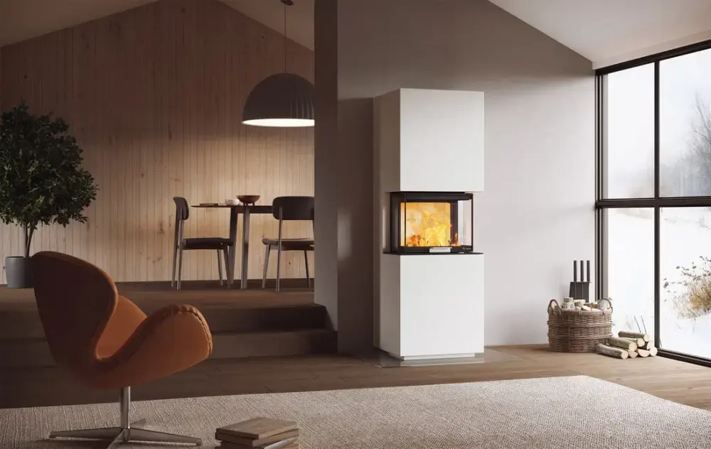 Flott peisinnsats fra Nordpeis i vakker stue om vinteren