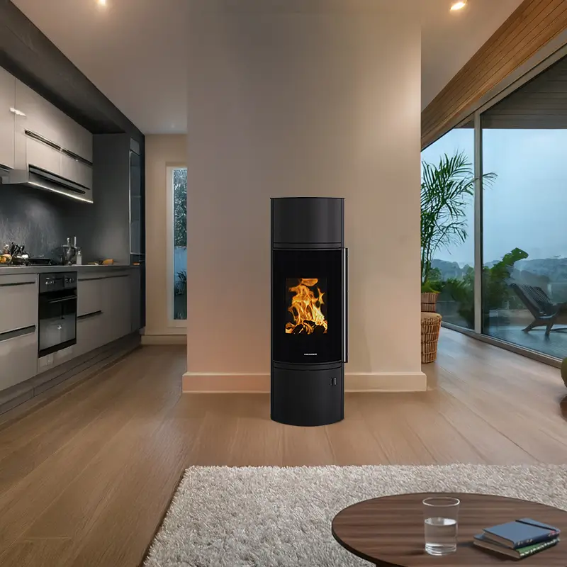 Oranier Arena W+ 2.0 pureBLACK i moderne stue med livsstilsbilde hos Peisbutikken