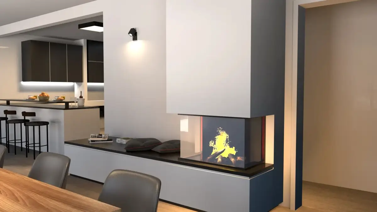 3D-rendering av et moderne ildsted i et åpent hjemmemiljø med kjøkken og spiseplass